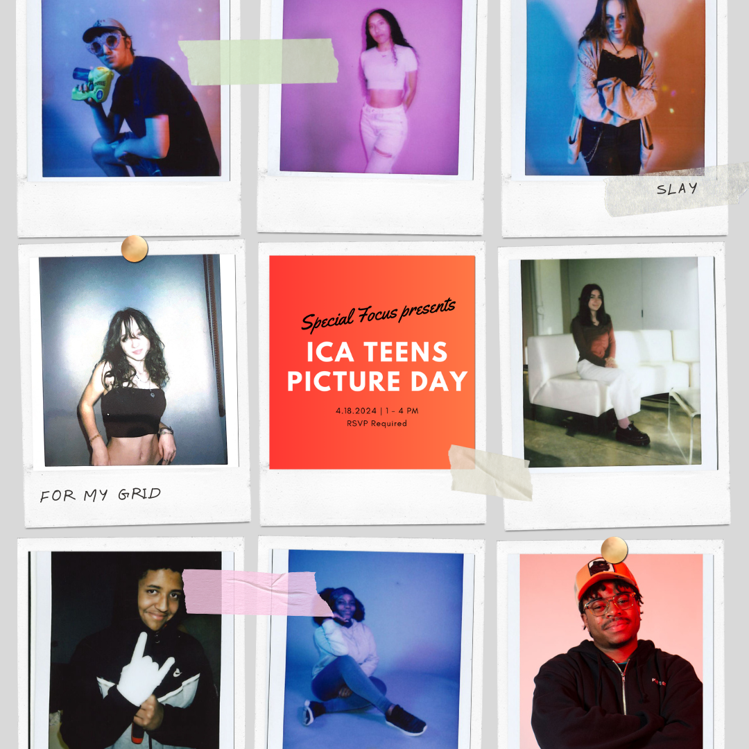 Eight polaroids showing teens in a 3x3 grid with the words ICA Teens Picture Day in white on a red background in the middle