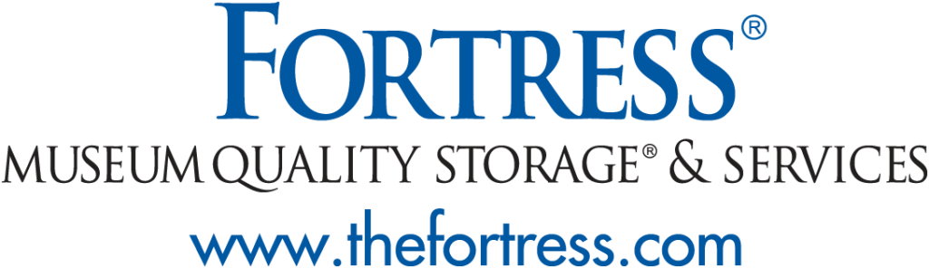 Logo of Fortress in blue text, with Museum Quality Storage & Services written in black underneath. The website www.thefortress.com is displayed at the bottom in blue. Proudly supporting the ICA Women's Luncheon 2024, where excellence and community meet.