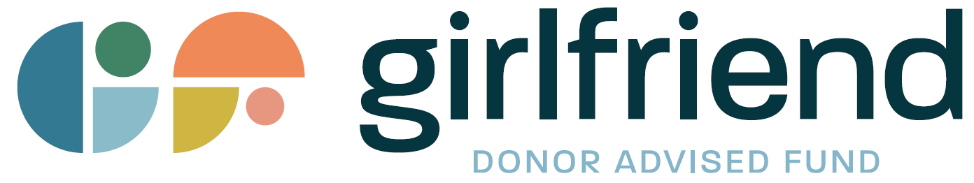 Logo for Girlfriend Donor Advised Fund featuring abstract shapes in blue, green, orange, and yellow next to the text girlfriend in bold and DONOR ADVISED FUND in smaller letters.
