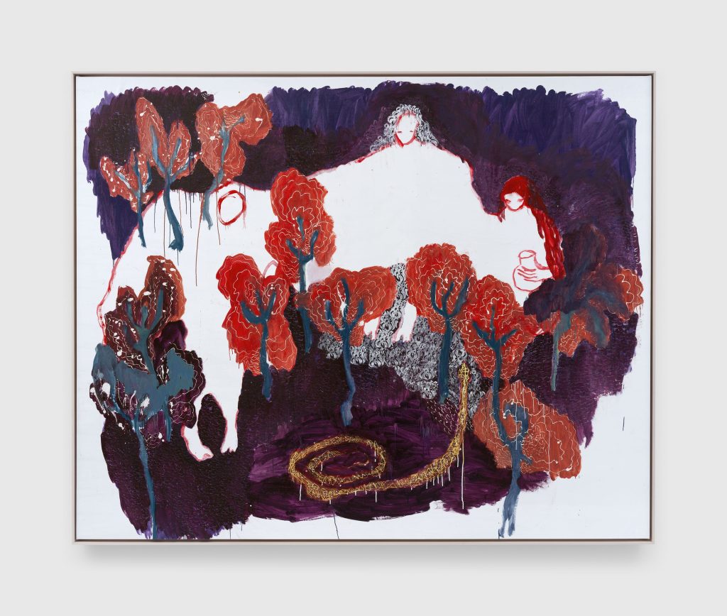 A colorful abstract painting by Portia Zvavahera, on view at ICA Boston, features two human-like figures near the top amid stylized reddish-orange trees and a yellow spiral shape at the center bottom, set against a mostly white and purple backdrop.