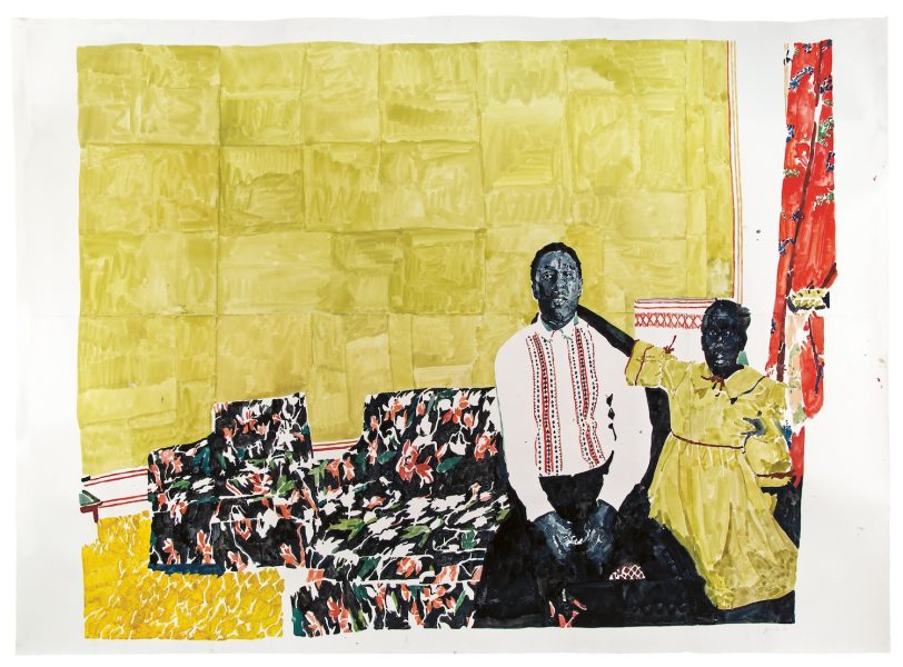 A colorful painting from AAMARP, shown at ICA Boston, depicts two people with dark blue skin on a patterned couch in a room with a yellow wall and red curtain. One figure wears white with red patterns; the other stands in a yellow dress.