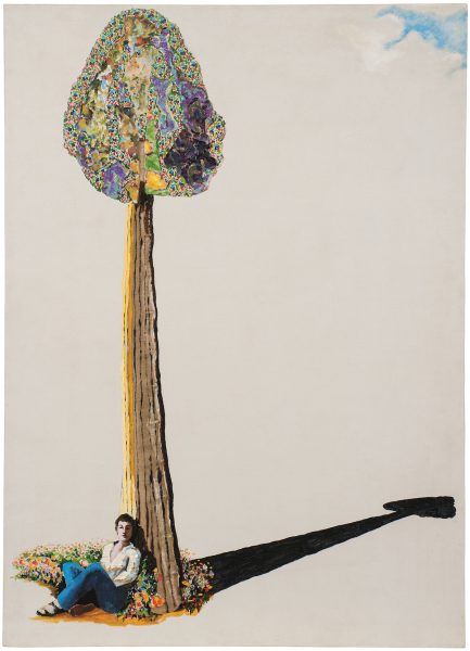 A person sits at the base of a tall, colorful tree with a wide trunk, surrounded by flowers. Reminiscent of an AAMARP exhibition at ICA Boston, the scene features a long shadow and a pale background with a small cloud above.