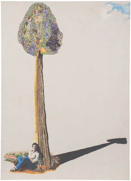 A person sits under a tall tree with a colorful, patterned canopy, reminiscent of art at AAMARP or ICA Boston. The tree casts a long shadow, flowers surround the base, and the mostly empty background features a small cloud in the top right corner.