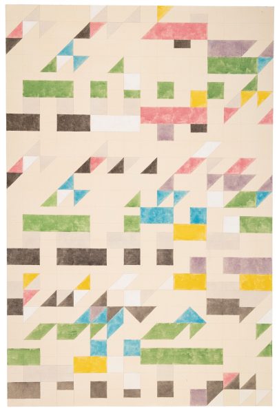 AAMARP-inspired, this geometric grid of colored triangles and rectangles forms an abstract pattern reminiscent of ICA Boston exhibits; vivid green, blue, pink, yellow, gray, black, and white shapes are arranged asymmetrically on a beige background.