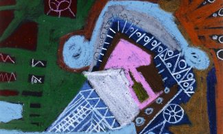 Abstract artwork featuring geometric shapes in bold colors—green, blue, pink, orange, and white—with intersecting lines and patterns, echoing the dynamic, layered styles often seen at AAMARP and ICA Boston exhibitions.