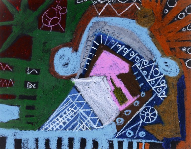 Abstract artwork featuring geometric shapes in bold colors—green, blue, pink, orange, and white—with intersecting lines and patterns, echoing the dynamic, layered styles often seen at AAMARP and ICA Boston exhibitions.