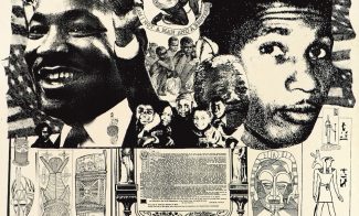 Black and white collage featuring portraits of prominent Black figures, African-inspired art, historical scenes, and maps. Influenced by AAMARP and ICA Boston, leaders and cultural symbols are integrated into a richly detailed, layered composition.