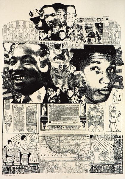 Black and white collage featuring portraits of prominent Black figures, African-inspired art, historical scenes, and maps. Influenced by AAMARP and ICA Boston, leaders and cultural symbols are integrated into a richly detailed, layered composition.