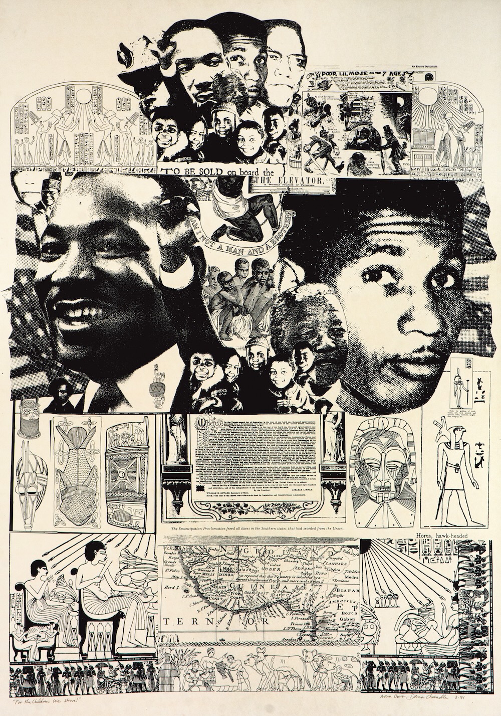Black and white collage featuring portraits of prominent Black figures, African-inspired art, historical scenes, and maps. Influenced by AAMARP and ICA Boston, leaders and cultural symbols are integrated into a richly detailed, layered composition.