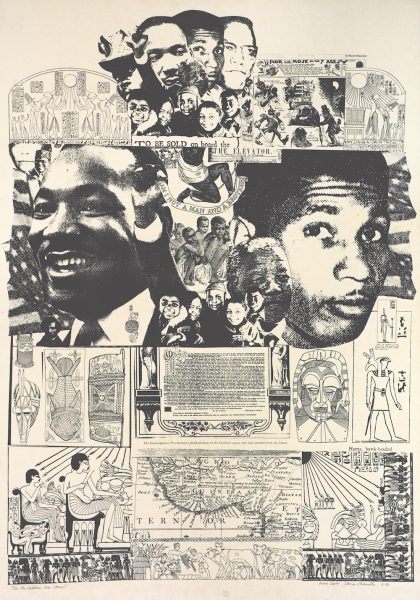 Black-and-white collage featuring portraits of Black individuals, African art and hieroglyphs, historical scenes, and maps—blending cultural, political, and historical symbols inspired by AAMARP and ICA Boston with text and illustrations.