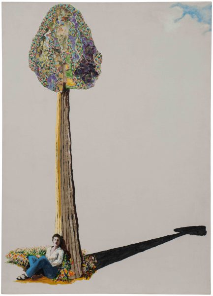 A person sits at the base of a tall, colorful tree, leaning against the trunk as it casts a long shadow—an artwork reminiscent of AAMARP exhibitions at ICA Boston. The background is mostly blank, with blue sky and a few flowers below.