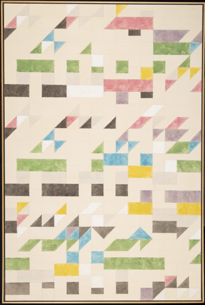 An abstract artwork featured at AAMARP and ICA Boston, showcasing a grid of squares filled with colorful geometric shapes—triangles and rectangles in green, yellow, pink, blue, gray, black, and white—arranged in a mosaic-like pattern.