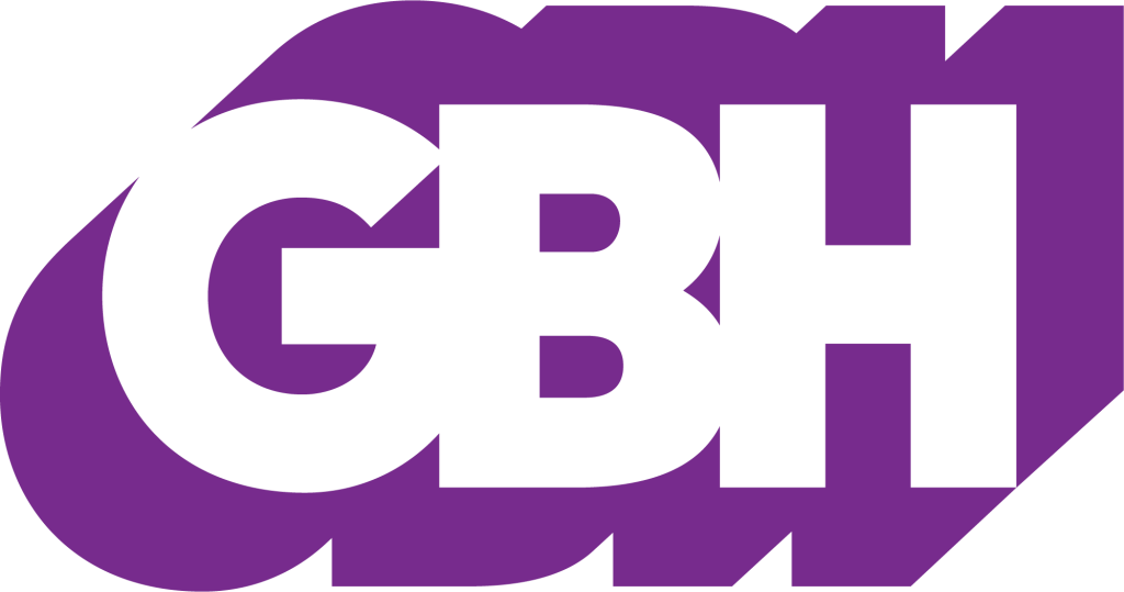 Large, bold white GBH letters are overlaid on a solid purple background with curved edges
