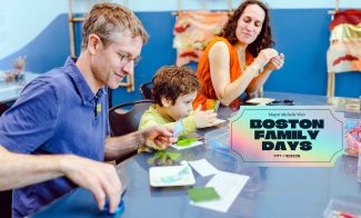 A man and woman sit at a table with a young boy working on an art project during ICA Boston Family Days, with a graphic overlay reading Mayor Michelle Wu’s Boston Family Days City of Boston.