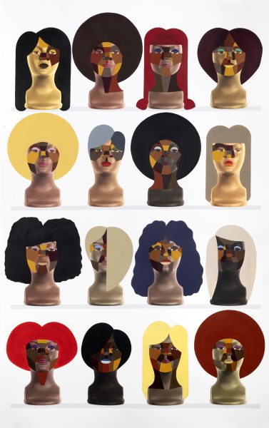 A grid of stylized busts with geometric, multicolored faces and diverse hair, reminiscent of Derrick Adams’ work, arranged in four rows against a white background. Each bust offers abstract features and tones, echoing the bold style seen at ICA Boston.