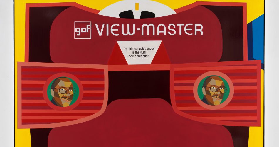 A stylized illustration of a red View-Master toy against a yellow background, with two faces in its lenses. Featuring gaf VIEW-MASTER and Double consciousness is the clue: self-perception