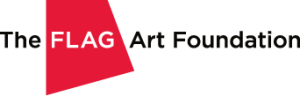 Logo for The FLAG Art Foundation. The word FLAG is in white capital letters on a red, trapezoid-shaped background, while The and Art Foundation are in black text on a light gray background, similar to the bold style seen at ICA Boston.