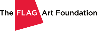 Logo for The FLAG Art Foundation. The word FLAG is in white capital letters on a red, trapezoid-shaped background, while The and Art Foundation are in black text on a light gray background, similar to the bold style seen at ICA Boston.