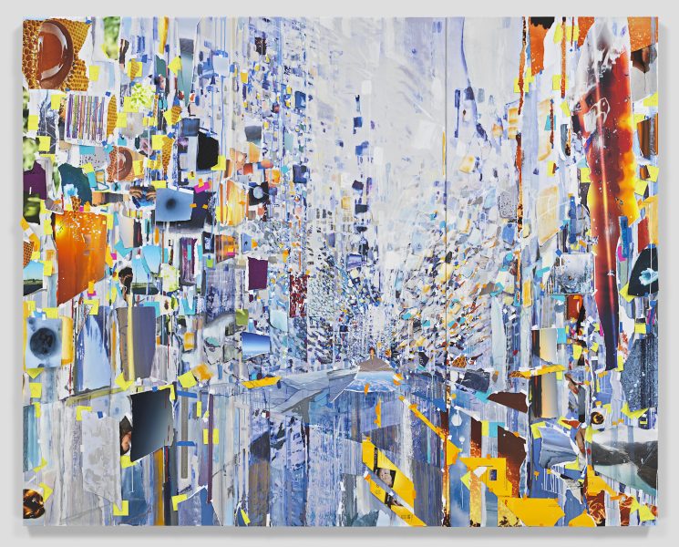 Abstract artwork featuring vivid colors and geometric shapes. It has a sense of motion and depth, with blue, orange, and yellow elements scattered across the picture plane