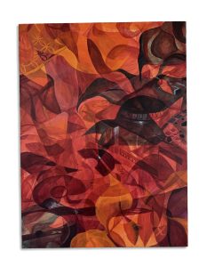 Abstract painting featuring swirling shapes in shades of red, orange, and maroon. Layered patterns and curves create a sense of movement and depth—evoking warmth and dynamic energy, inspired by artmaking after dark at ICA Boston.
