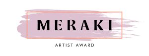 The image features the words MERAKI in bold, uppercase letters inside a pink rectangular border with Meraki Artist Prize written below in a clean, modern font. The background is adorned with pink brushstroke accents.