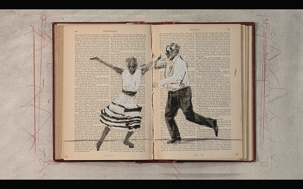An open book with black-and-white illustrations of a woman and a man dancing, painted across the pages. Red lines and symbols are drawn around the book on the white background.