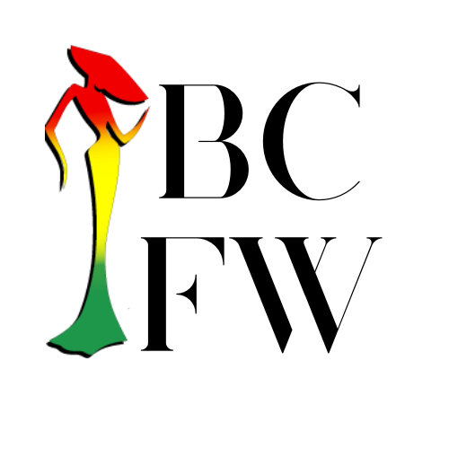 Logo with the letters BCFW next to a stylized figure of a woman in a dress featuring a gradient of red, yellow, and green colors. The background is white.