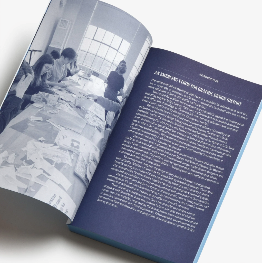 An open book with a printed introduction titled An Emerging Vision for Graphic Design History on the right page.