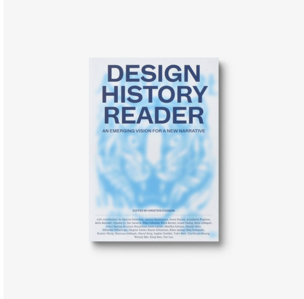 A book titled Design History Reader: An Emerging Vision for a New Narrative, edited by Kjetil Fallan, with a blurred blue abstract pattern on the cover