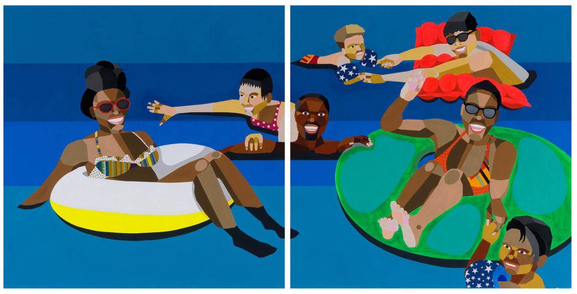 A colorful illustration shows two groups of people relaxing in a swimming pool. Some float on inflatable rings, others swim or sit poolside, all smiling and enjoying the water under a bright, blue background.