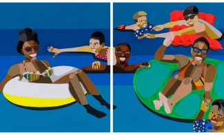A colorful illustration shows two groups of people relaxing in a swimming pool. Some float on inflatable rings, others swim or sit poolside, all smiling and enjoying the water under a bright, blue background.