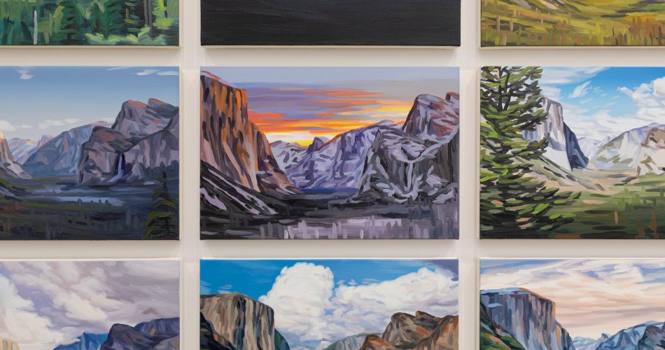 Nine oil paintings, reminiscent of Cynthia Daignault’s style showcased at ICA Boston, depict scenic mountain landscapes with dramatic clouds, lush greenery, rock formations, and a colorful sunset, all arranged in a three-by-three grid on a white wall.