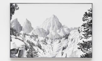 A black-and-white painting of a snowy mountain landscape with pine trees on the slopes and rocky peaks in the background, framed and hanging on a white wall.