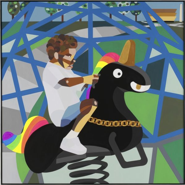 A stylized painting for ICA The Artists' Voice features a child with curly hair riding a black spring unicorn playground toy with a rainbow mane and tail, gold horn, and chain set against a geometric blue and gray background with trees.