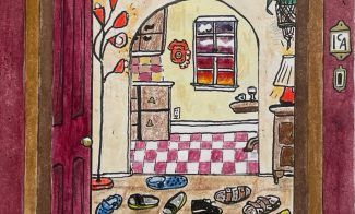 Illustration of an open door labeled SONDER, revealing a cozy, colorful room with many pairs of shoes scattered on the floor—inviting people into an art-inspired space filled with plants, books, and warm lighting inside.