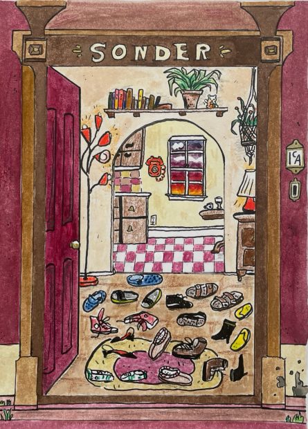 Illustration of an open door labeled SONDER, revealing a cozy, colorful room with many pairs of shoes scattered on the floor—inviting people into an art-inspired space filled with plants, books, and warm lighting inside.