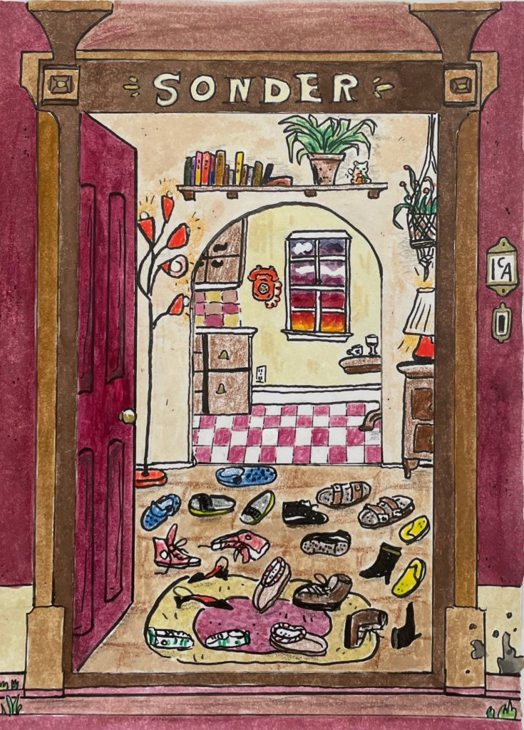 Illustration of an open door labeled SONDER, revealing a cozy, colorful room with many pairs of shoes scattered on the floor—inviting people into an art-inspired space filled with plants, books, and warm lighting inside.