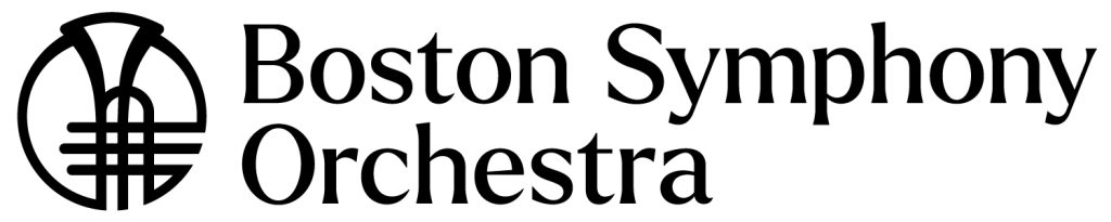 Boston Symphony Orchestra logo featuring stylized text and a circular graphic resembling a musical instrument, possibly a horn, on the left side.