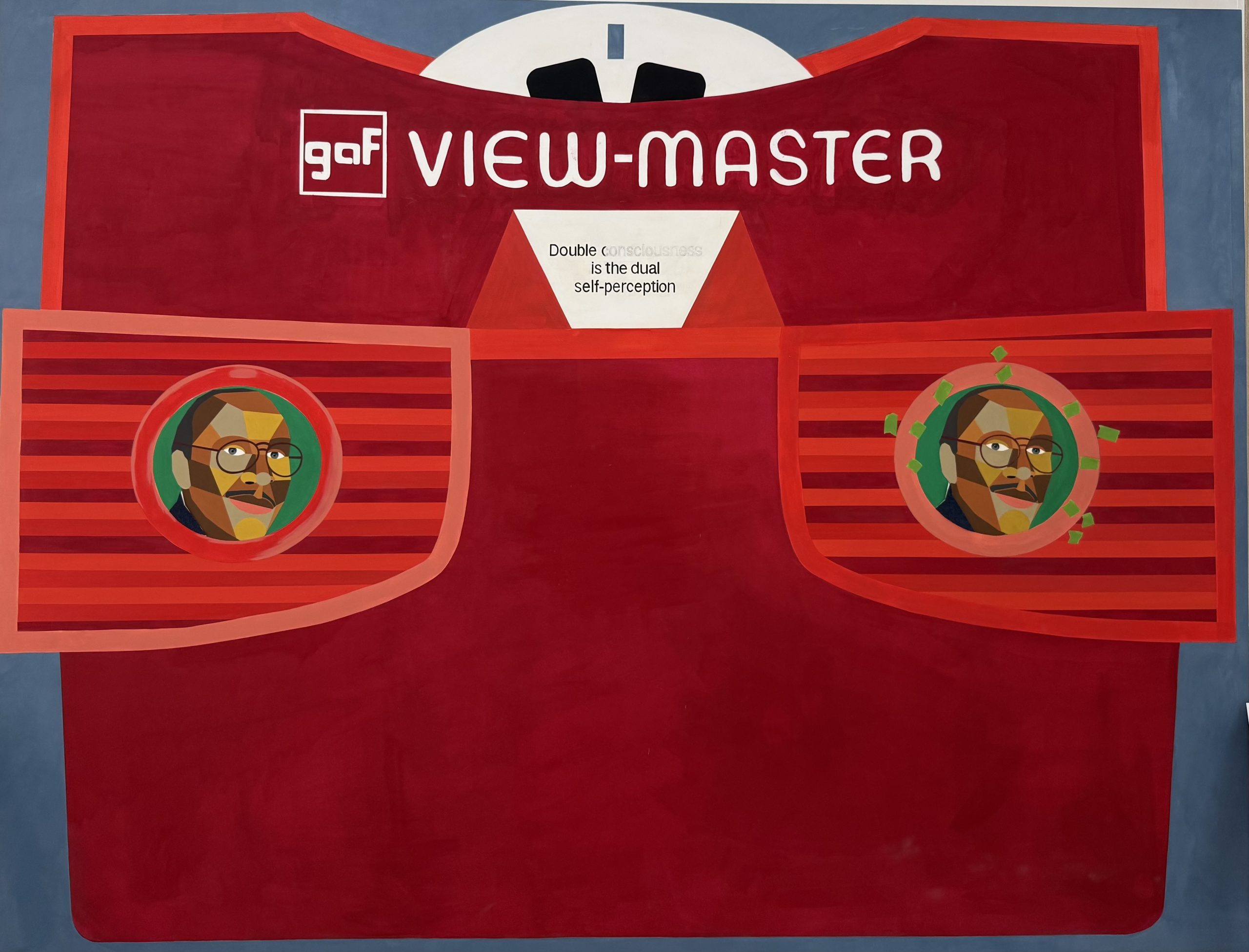 An illustration of a red View-Master toy with two eyepieces, each showing a stylized face. Above, the text reads gaf VIEW-MASTER. A white label in the center says, Double Consciousness is the dual self-perception.