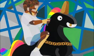 A stylized illustration of a person with curly hair riding a black spring playground toy shaped like a horse, featuring a rainbow mane and tail, with geometric blue and green shapes in the background.
