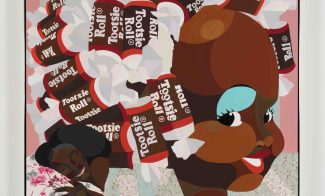 A whimsical painting of a Black woman with Tootsie Roll candies styled in her hair, blue eyeshadow, and red lips. The background features pink stripes, floral patterns, and a pair of decorative masks.