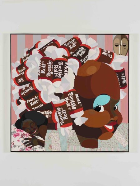 A whimsical painting of a Black woman with Tootsie Roll candies styled in her hair, blue eyeshadow, and red lips. The background features pink stripes, floral patterns, and a pair of decorative masks.