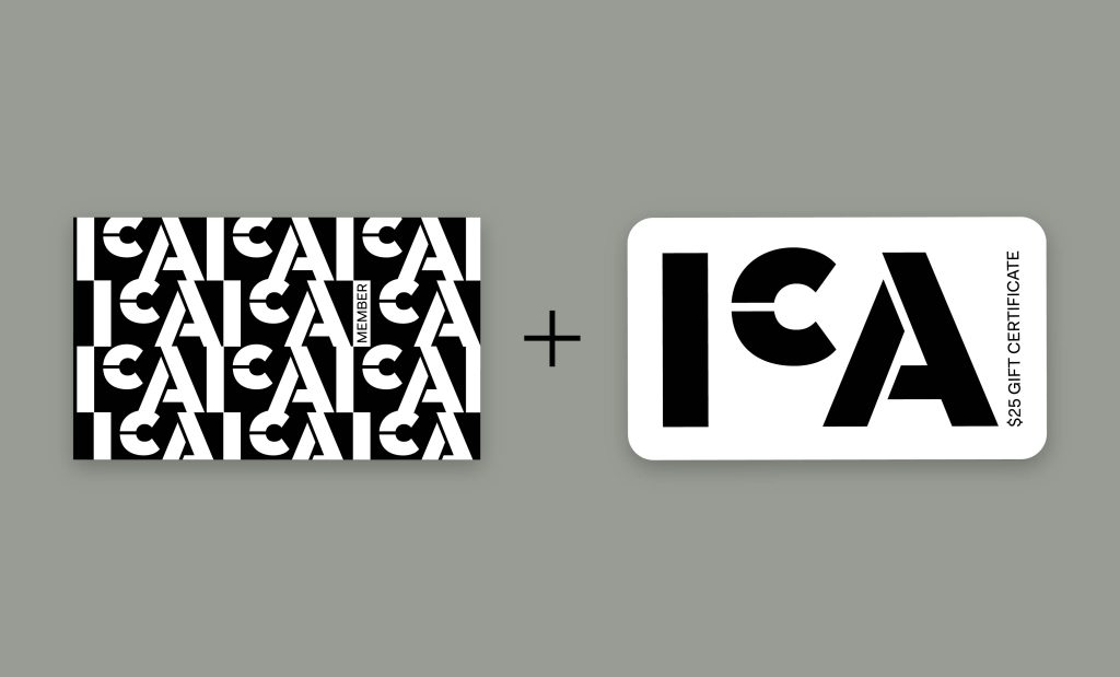 Two cards side by side: a black and white patterned ICA membership card on the left, and a white $25 ICA gift certificate with bold black letters on the right, both set against a gray background.