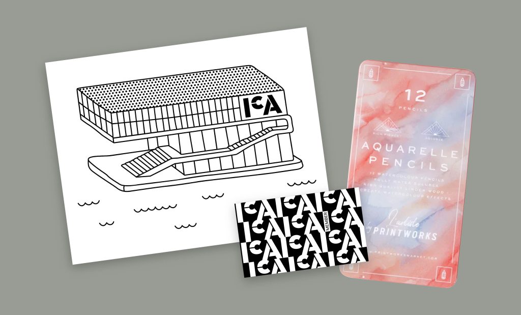 A black-and-white line drawing of a modern building labeled ICA, a card with repeating ICA logos, and a pastel-colored tin of 12 aquarelle pencils are arranged on a grey background.