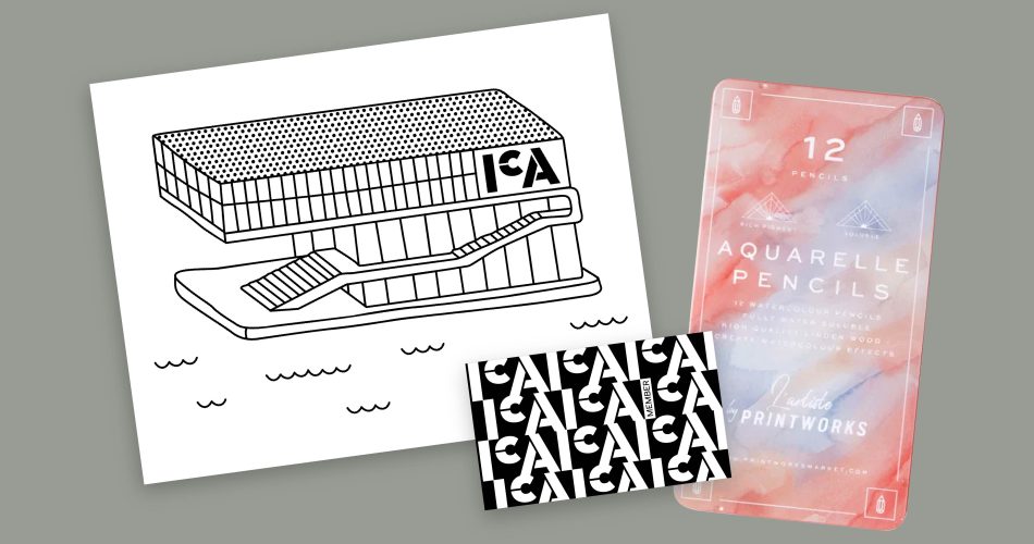 A black-and-white line drawing of a modern building labeled ICA, a card with repeating ICA logos, and a pastel-colored tin of 12 aquarelle pencils are arranged on a grey background.