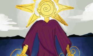A figure in a purple robe with a glowing sun for a head and swirling light in its hands stands by water, facing away. Text at top reads Teen Night Luminosity: A New Light. Logos at the bottom for ICA, Boston After Dark, and Office of Youth Engagement and Advancement.