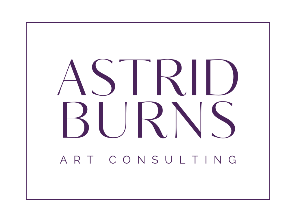A minimalist logo with the text Astrid Burns Art Consulting in elegant, purple capital letters, centered within a thin rectangular border on a light gray background.