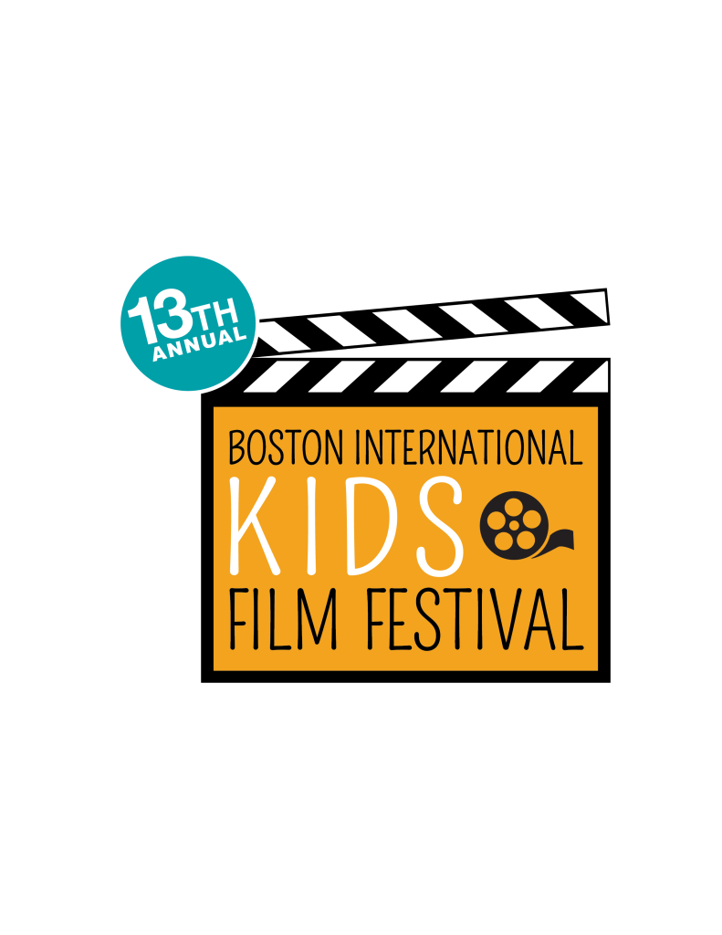 Logo for the 13th Annual Boston International Kids Film Festival, featuring a movie clapperboard and bold yellow and black text.