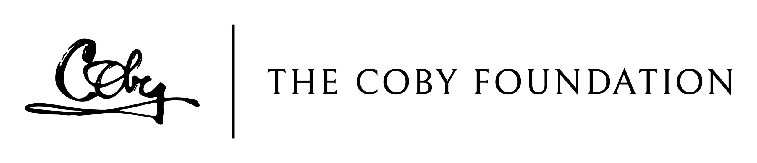 Logo of The Coby Foundation, featuring a stylized signature-like design on the left and the foundations name in uppercase letters on the right. The text is in black on a white background.