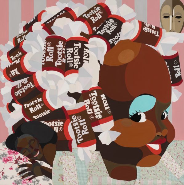 A stylized painting of a woman with bright blue eyes and Tootsie Roll hair sets a whimsical scene—nearby, another rests on a floral quilt. Pastel stripes recall the playful vibe of an Opening Reception: Derrick Adams: View Master.